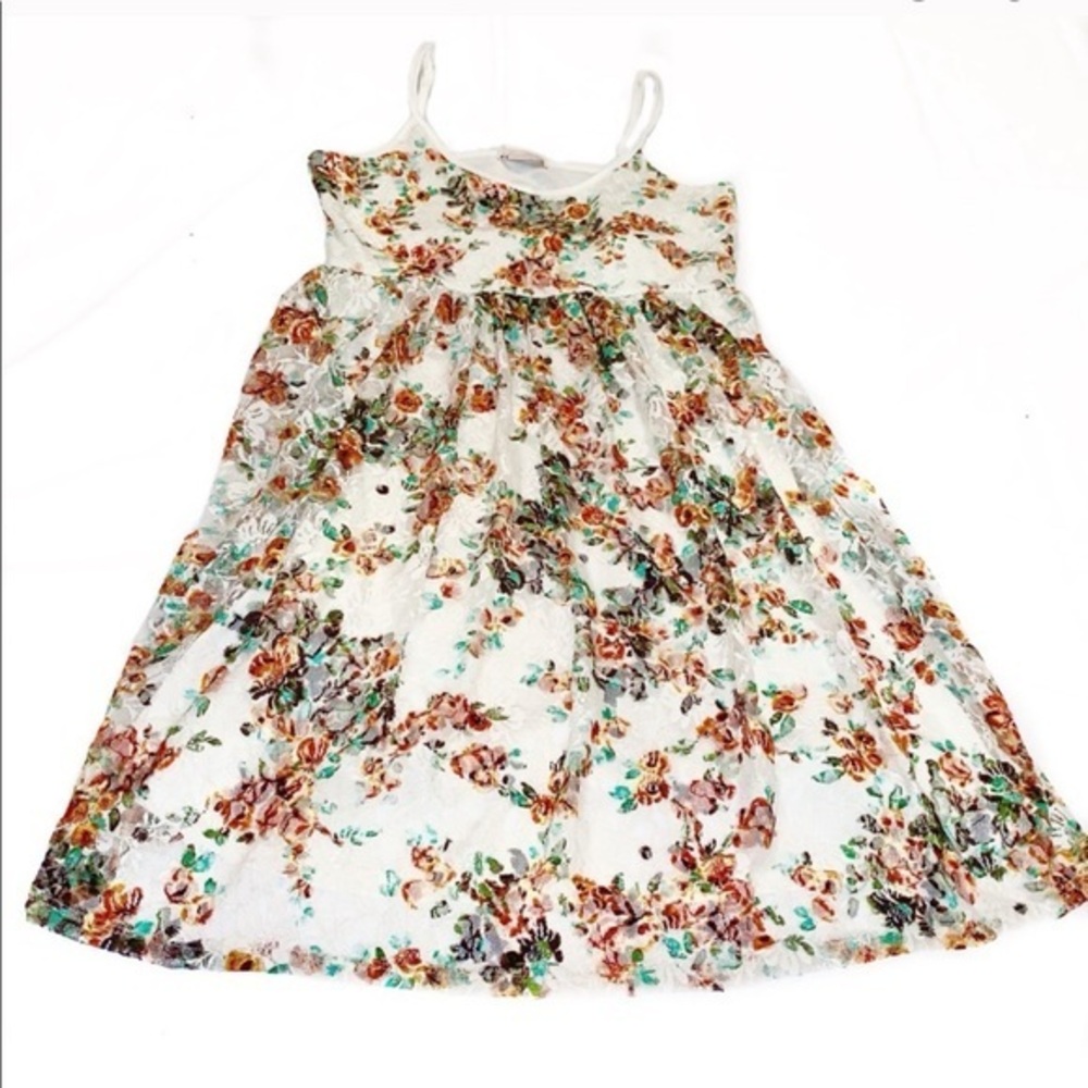 Luna Chix size XS ivory & orange floral lace sleeveless lined scoop neck dress